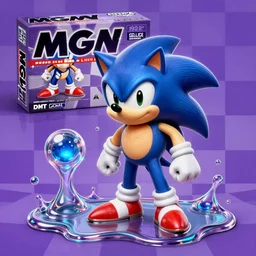 surreal, sharp, detailed professional, high quality airbrush art MGMT album cover of a liquid dissolving DMT sonic the hedgehog, purple checkerboard background, 1990s 1992 Sega Genesis video game box art sonic the hedgehog