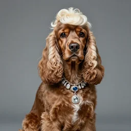 realistic photo studio photoshop, cocker dog wearing jewlery and woman wig
