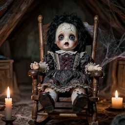 macro closeup old flash photo of a creepy dirty shocked scared whimsical cracked hellraiser victorian dolls with black hair sitting in a rocking chair in an old abandoned attic at night, candles, spider webs, disposable camera, guillermo del toro, hp lovecraft, wes anderson, lois van baarle, ilya kuvshinov, wes craven, greg rutkowski,