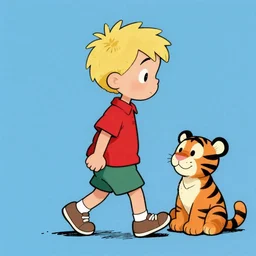 one young boy with spiked blonde hair wearing a red shirt walking next to a plushie tiger, calvin and hobbes, illustration by bill watterson