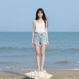 young cute and beautiful girl standing on the shell in sea