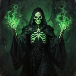 portrait of an ominous skeleton king dressed in black robes wielding poisonous powers, glowing green and black tones, oil on canvas, gothic style, ornate, elegant, highly detailed, realistic, concept art, trending on artstation