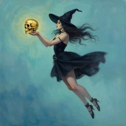 a witch. floating in the sky with in her hands a golden skull. she wear a short dark skirt. painted by barbara canepa and alessandro barbucci and tony sandoval.