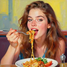 amazing beautiful and very detailed painting of a beautiful woman enjoying a delicious mean. vibrant colors, very funny, personal, positive, visually pleasing and engaging. high resolution. high quality. hq hd. trending on artstation.
