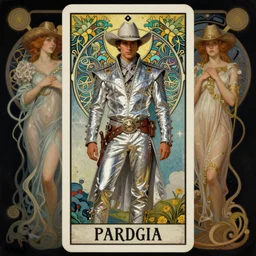 a dramatic ethereal epic symmetrical painting of a handsome cowboy in a silver outfit | tarot card, art deco, art nouveau,  (steampunk), homoerotic, realistic | by Dresden Codak, by Mark Maggiori and ((((Alphonse Mucha))) | trending on artstation