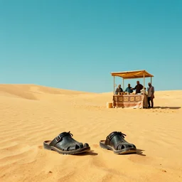 minimal movie poster, solid colors, two shoes, isreali desert, salsa vendor
