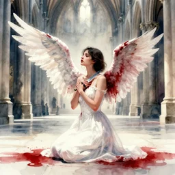 a young woman with wings made of blood, in an empty cathedral holding a knife to her chest, sideways, on her knees, wearing a white dress, sideway, sharp focus, high contrasts, full body, establishing shot, sense of awe, fantasy, watercolor art, trending on artstation