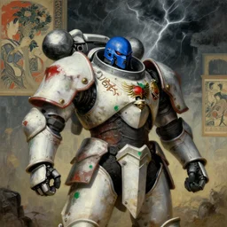 composition of gothic and futuristic, warhammer, cyber japan sty armor, more and more scars, thunderstorm, blue head, white chest, some red and green, the middle ages, highly detailed, artstation, in the style of moebius, jugendstil and classic japanese print, painting by richard corben, composition by rene magritte, jean delville