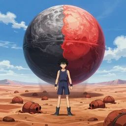 Tonemapped Anime character splitting a gas giant in half like parting the Red Sea, with pack of Space Whales fly through an interdimensional rift! in background by (Hiromu Arakawa), Makoto Shinkai and (Cain Kuga)