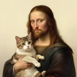 portrait of jesus holding a cute cat, digital art, by leonardo da vinci