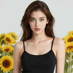 sexy girl with green eyes, sunflowers in her hair, wearing a camisole, black and brown colors, in the style of greg rutkowski, high quality anime artstyle, intricate