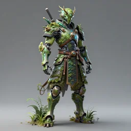 full body front view portrait of natural, bio - mechanical ninja samurai, nature and cyber, character design, correct anatomy, concept art, digital illustration, ray tracing, ultra detailed, fantasy, neon lighting, intricate and highly detailed, coloured with lots of colour, pose, fantasy, sharp focus,