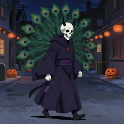 an anime about a demonic skull character, 9 peacock tails, magical mage robes and walking through an empty street alone at night, halloween decorations, anime, side profile, peaceful, vhs, art by yuji ikehata