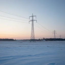 a field covered in snow with power lines above it, a photo by kazys varnelis, featured on flickr, ecological art, photo taken with provia, matte photo, photo, at dawn