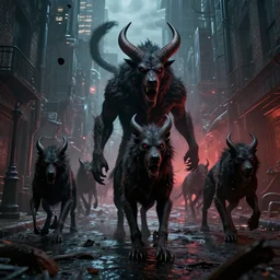 Hellhounds causing chaos in the streets, hell on Earth, 4K, Octane Render, digital art, trending on ArtStation
