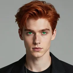 professional digital art of a stylish young man with red hair and green cat - like eyes, popular, famous, attractive, high quality, highly detailed, hd, 4 k, 8 k,