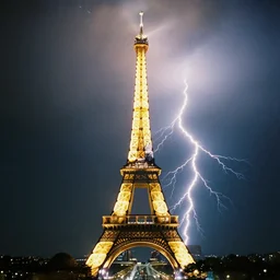 100mm photo of Paris France being lit on fire by massive lightning bolts at night shot on 35mm film