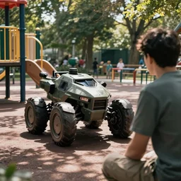 home video footage, an armored core playing in the playground, summer. filmed by dad.