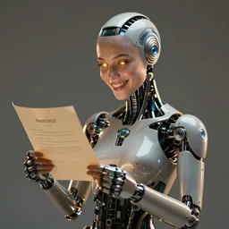 a beautiful intricate fine art portrait photo of a happy mechanical futuristic cybernetic female cyborg reading a letter of admission held in her hands, by tom bagshaw and zach sutton, eyes light up, happiness!, perfection!, studio lighting, golden ratio composition, 50mm lens, bionic, cybernetic scifi, deep depth of field, artstation, 8K
