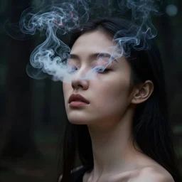 inside a soul of  a gorgeous  young  girl , searching for eternity, smoke out of her eyes, minimalistic dark  forest  in the style of stefan kostic, realistic, sharp focus, 8k high definition, high fashion, vogue, insanely detailed, soft light, colorful smoke, intricate, elegant, art by stanley lau and artgerm, sigma 85mm art