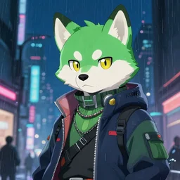 character portrait of a green male anthro husky fursona with a cute beautiful attractive detailed furry face wearing stylish cyberpunk clothes in a cyberpunk city at night while it rains. hidari, color page, tankoban, 4 k, tone mapping, akihiko yoshida.