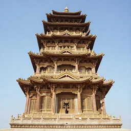 long - distance full - color photo of : an extremely - tall elaborate ornate ancient pagoda with hundreds of layers is surrounded by the contemporary skyscrapers of tokyo. the pagoda rises high above skytree and tokyo tower and above the clouds all the way to heaven in golden rays of sunlight, and it has many carvings and statues. professional architectural photography with many small details ; heavenly, majestic ; glorious ; beautiful.