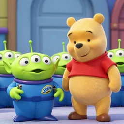 alien movie still, winnie the pooh and pigglet as soldiers holing smart guns and firing at aliens!