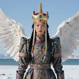 in the art style of bagshaw tom artgerm and bowater, charlie, by bagshaw tom, artgerm and bowater, charlie, portrait of a beautiful asian mongolian princess goddess spreading its wings, portrait of princess wearing a beautiful ornate crown, in the background lake baikal is seen