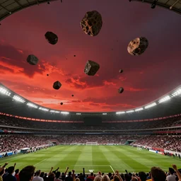 meteorites fall from the red sky upon a football stadium, crowds panic, cinematic lighting by Jessica Rossier