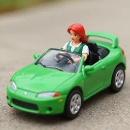 a red haired woman driving a Jada toys mitsubishi eclipse green diecast car, macro photography, the woman is inside the toy car, high resolution photo