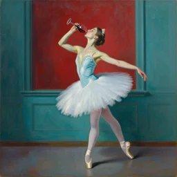 painting of a ballerina drinking wine in a teal room, red background