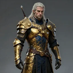 geralt from syria new costume concept design with metal sholders and ornaments on the armor, witcher wild hunt, layered armor, fashion, colors with gold and dark blue, concept art, by artgerm, greg rutkowski, cinematic light, featured on artstation, octane render, sharp focus, ray tracing, artstationhq, cgsociety, 8 k.