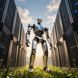 the robot humanoid works in inside the data center server, cinematic view, epic sky, detailed, concept art, low angle, high detail, warm lighting, volumetric, godrays, vivid, beautiful, trending on artstation, by jordan grimmer, huge scene, grass, art greg rutkowski