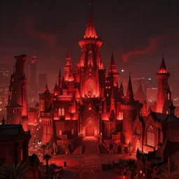 red - colored hellish las vegas as a fantasy medieval city, at night. superior quality, masterpiece.