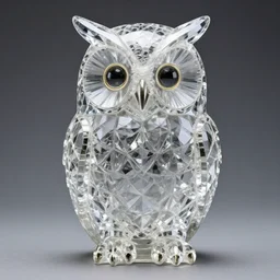 symmetrical detailed sculpture of an owl, made of crystal