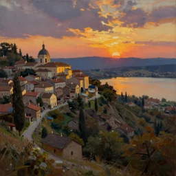 roman village on a steep hill during sunset, lake view, ultra realistic painting, oil paint, dramatic lighting