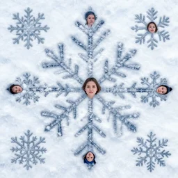 surreal photography mosaic snowflakes with tiny human faces. surreal photography