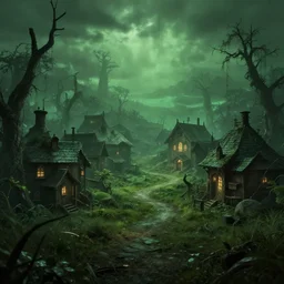 cinematic artwork, small lovecraftian village, beautiful, dusk, green ambient light, trending on artstation
