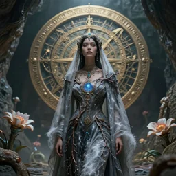 beautiful girl, dressed in robes of veils and storms with intricate jewels and intricate branches with a biocomputer center, on an epic  oroboros, behind a large and detailed sculpted astrolabe, inside a cave with  biomechanical flowers, dramatic atmosphere, Diffused lighting, highly detailed digital art, trending on artstation, depth of field
