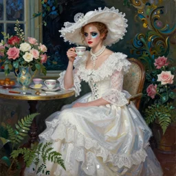very thick paint brush strokes paint texture full body fashion model emma watson by Jeremy Lipking by Hasui Kawase by Richard Schmid (((smokey eyes makeup eye shadow fantasy, glow, shimmer as victorian woman in a long white frilly lace dress and a large white hat having tea in a sunroom filled with flowers, roses and lush fern flowers ,intricate, night, highly detailed, dramatic lighting))) , high quality