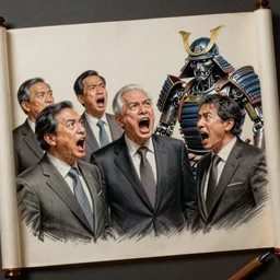 highly detailed realistic sketch of UN members in suits yelling at a cyborg samurai, fear and anger in their eyes, colored , award winning , masterpiece on a scroll , post-processing