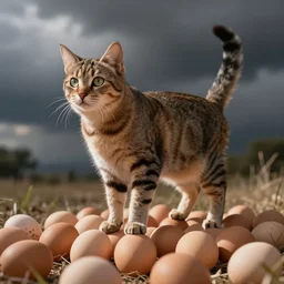 a photo of a cat standing perfectly on eggs, realistic