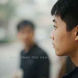 a person in clear focus stares at another person who is blurred out.'what does this new blur mean?'a person staring curiously at a blurry object. perfectly focused image with an annoying blur in the scene.