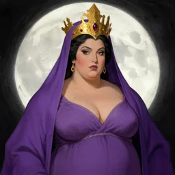 portrait of plump sorceress of the moon, golden tiara, purple robe and veil, strong line, muted color, beautiful! coherent! by boris vallejo