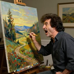 bob ross screaming at his painting by norman rockwell