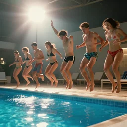 a photo of a group of friends about to jump in a swimming pool ultra realistic, lens flare, atmosphere, glow, detailed, intricate, full of colour, cinematic lighting, trending on artstation, 4 k, hyperrealistic, focused, extreme details, unreal engine 5, cinematic, masterpiece, ultra realistic, hyper realistic, highly detailed, sharp focus, digital art