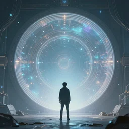 a lone man standing before an interdimensional warp gate, a magical round gate, dreamy, ethereal, concept art, by greg rutkowski, by dan mumford, highly detailed, trending on artstationhq