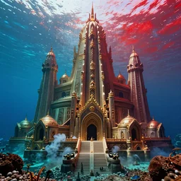of the lost city of Atlantis undersea, low angle, redshift render, post-production, exquisite architecture, hyper-realistic, ultra-detailed, cinematic lighting, vibrant colors, W- 1028