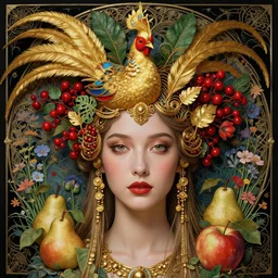 hyperrealistic detailed face portrait of the beautiful goddess of the golden pheasants with an intricate headgear of golden pheasant, red berries, leaves, field flowers, pears, apples, art by ernst haeckel, john william godward, android jones, alphonso mucha, h. r. giger, gothic - cyberpunk, ornamental, beautiful deep colours,