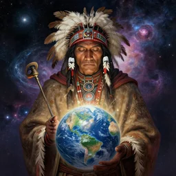 : native american shamen fantasy, fantasy magic, cosmic, intricate, sharp focus, illustration, highly detailed, digital painting, cosmos, time travel, healing earth, concept art, matte, jahbu art and paul lewin masterpiece